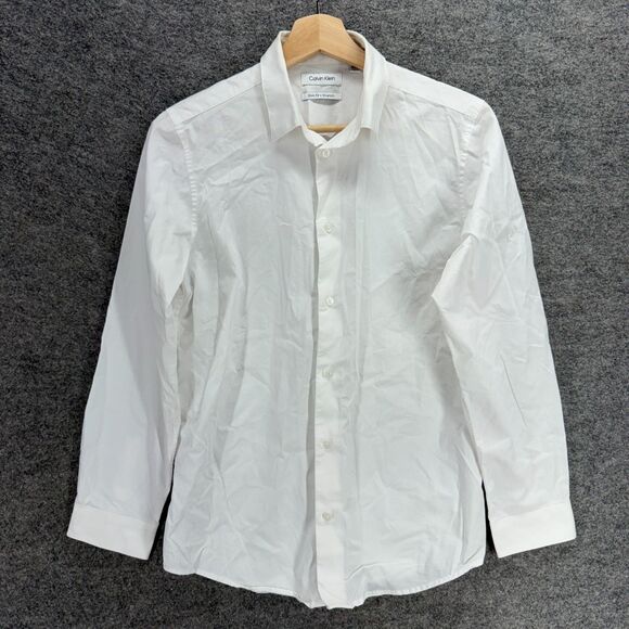 Calvin Klein Shirt Boys 18 White Button Up Slim Fit Stretch Long Sleeve Regular - Picture 1 of 7